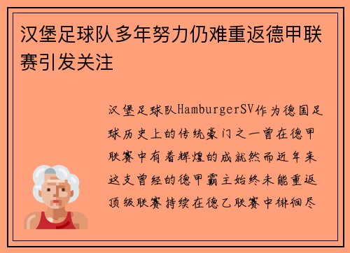 汉堡足球队多年努力仍难重返德甲联赛引发关注